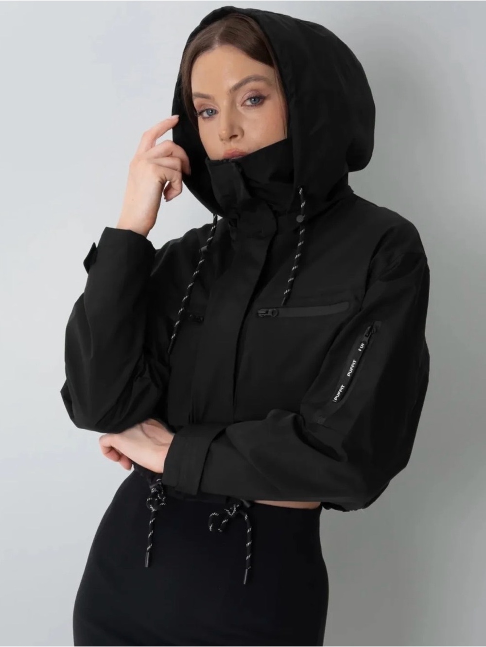 Funnel Neck Puffit Black Women's Windbreaker Hooded Cropped Waterproof Jacket Lg